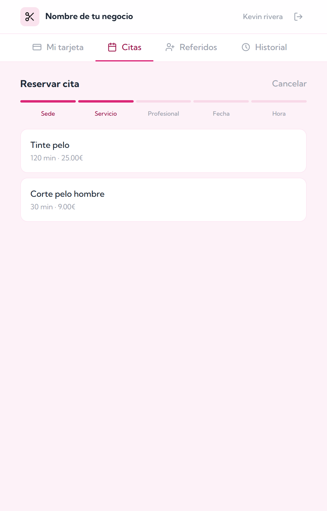Pantalla de reserva de cita online desde la tarjeta del cliente